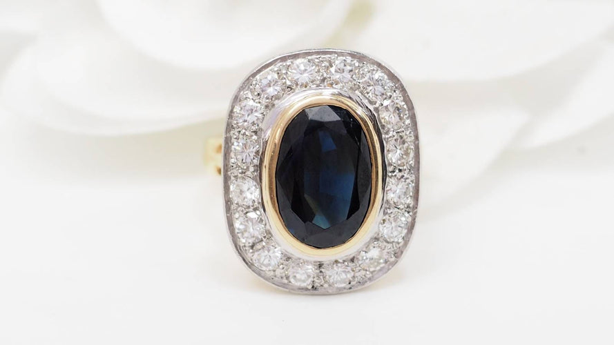 Bague 53.5 Bague pompadour en or jaune, platine, saphir et diamants 58 Facettes 32642