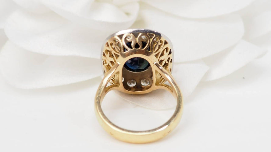 Bague 53.5 Bague pompadour en or jaune, platine, saphir et diamants 58 Facettes 32642