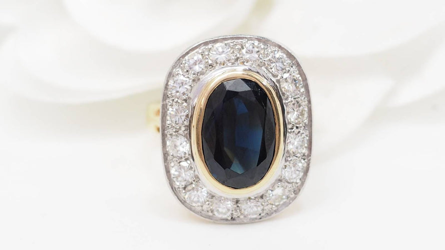 Bague 53.5 Bague pompadour en or jaune, platine, saphir et diamants 58 Facettes 32642
