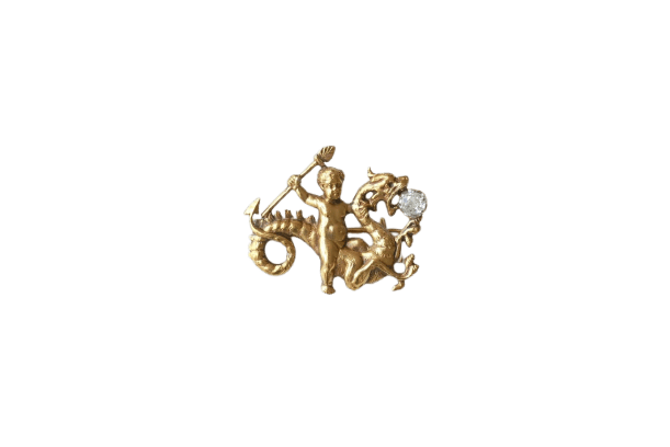 Broche ancienne Amour au dragon en or jaune et diamant