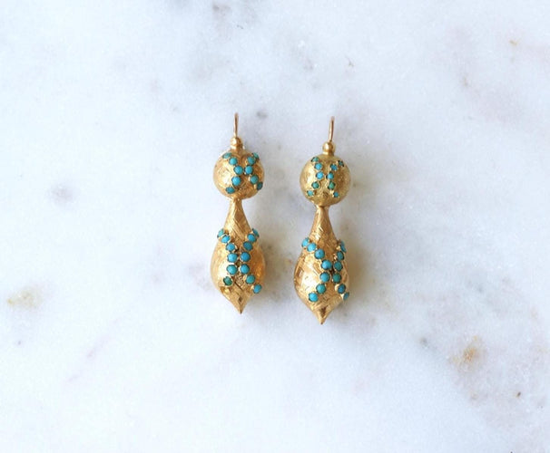 Boucles d'oreilles Boucles d'oreilles dormeuses XIXe en or jaune 18 ct et turquoises 58 Facettes