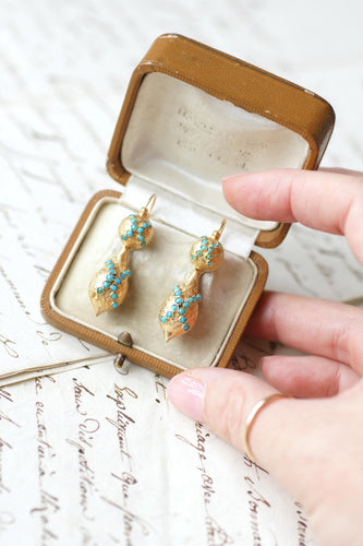 Boucles d'oreilles Boucles d'oreilles dormeuses XIXe en or jaune 18 ct et turquoises 58 Facettes
