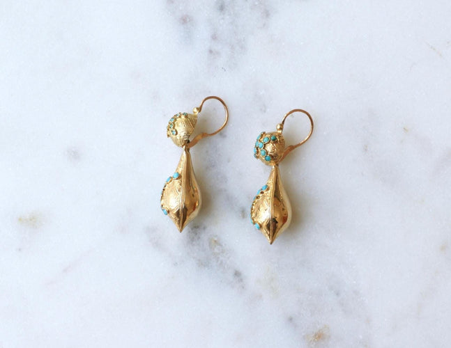 Boucles d'oreilles Boucles d'oreilles dormeuses XIXe en or jaune 18 ct et turquoises 58 Facettes
