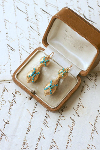 Boucles d'oreilles Boucles d'oreilles dormeuses XIXe en or jaune 18 ct et turquoises 58 Facettes