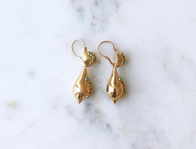 Boucles d'oreilles Boucles d'oreilles dormeuses XIXe en or jaune 18 ct et turquoises 58 Facettes