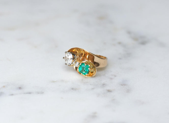Bague 53 Bague Toi et Moi en or jaune, platine, émeraude et diamant 58 Facettes
