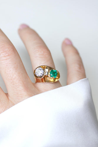 Bague 53 Bague Toi et Moi en or jaune, platine, émeraude et diamant 58 Facettes