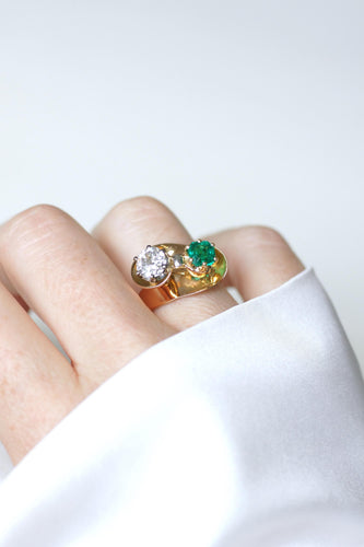 Bague 53 Bague Toi et Moi en or jaune, platine, émeraude et diamant 58 Facettes