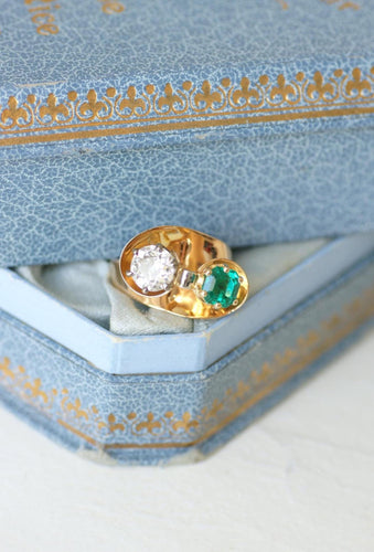 Bague 53 Bague Toi et Moi en or jaune, platine, émeraude et diamant 58 Facettes