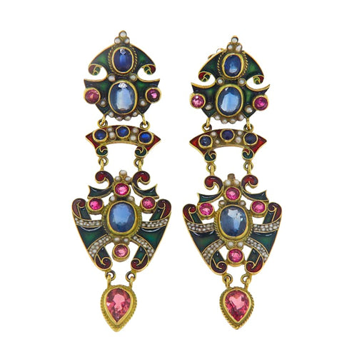 Boucles d'oreilles Boucles d'oreilles pendantes en or jaune, rubis, saphirs et perles 58 Facettes G3951