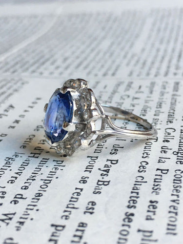Bague 53.5 Belle Époque - Bague en or blanc, platine, saphir et diamants 58 Facettes 265