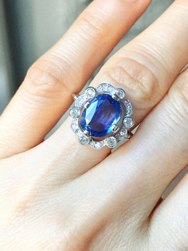 Bague 53.5 Belle Époque - Bague en or blanc, platine, saphir et diamants 58 Facettes 265