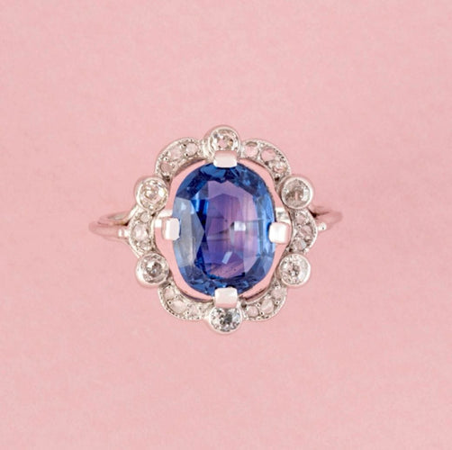 Bague 53.5 Belle Époque - Bague en or blanc, platine, saphir et diamants 58 Facettes 265