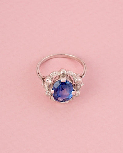 Bague 53.5 Belle Époque - Bague en or blanc, platine, saphir et diamants 58 Facettes 265