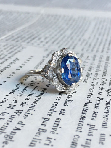 Bague 53.5 Belle Époque - Bague en or blanc, platine, saphir et diamants 58 Facettes 265