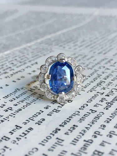 Bague 53.5 Belle Époque - Bague en or blanc, platine, saphir et diamants 58 Facettes 265