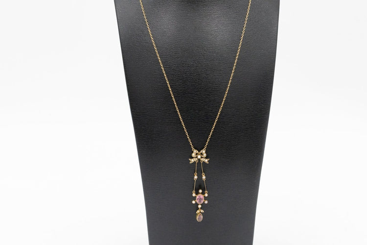 Collier Collier édouardien en or jaune, tourmalines roses et perles 58 Facettes 12157