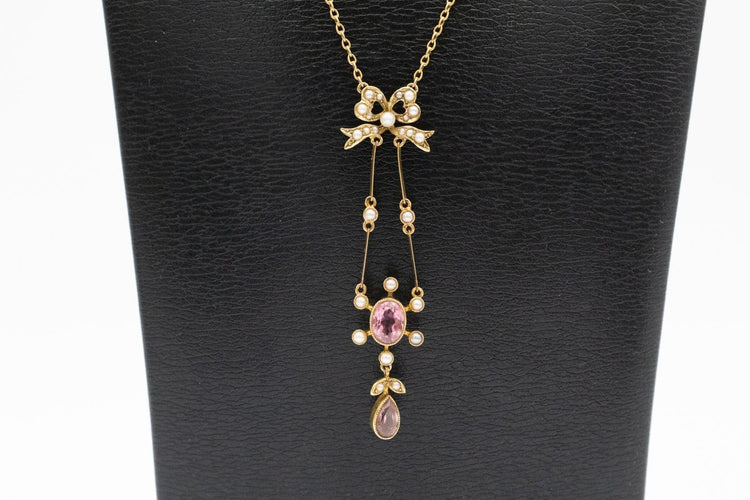 Collier Collier édouardien en or jaune, tourmalines roses et perles 58 Facettes 12157