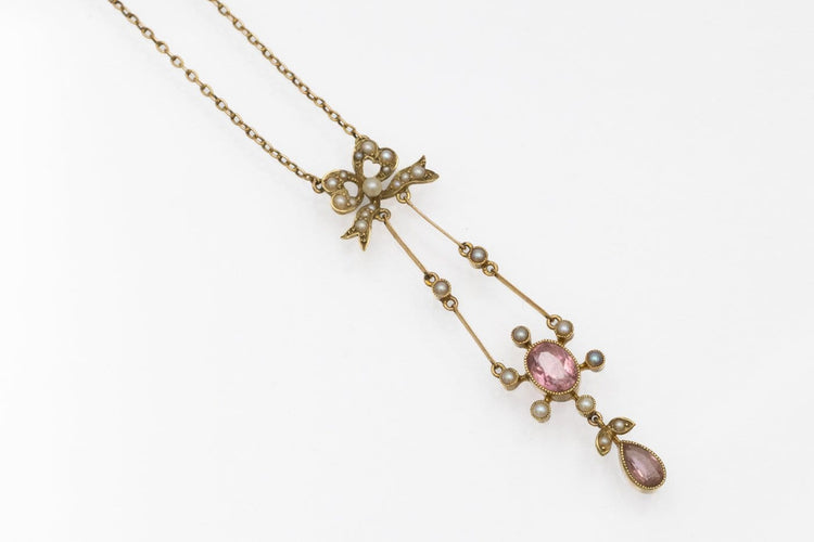 Collier Collier édouardien en or jaune, tourmalines roses et perles 58 Facettes 12157