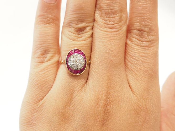Bague 55 Art Nouveau - Bague en or jaune, platine, rubis et diamants 58 Facettes 33770