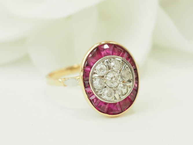 Bague 55 Art Nouveau - Bague en or jaune, platine, rubis et diamants 58 Facettes 33770