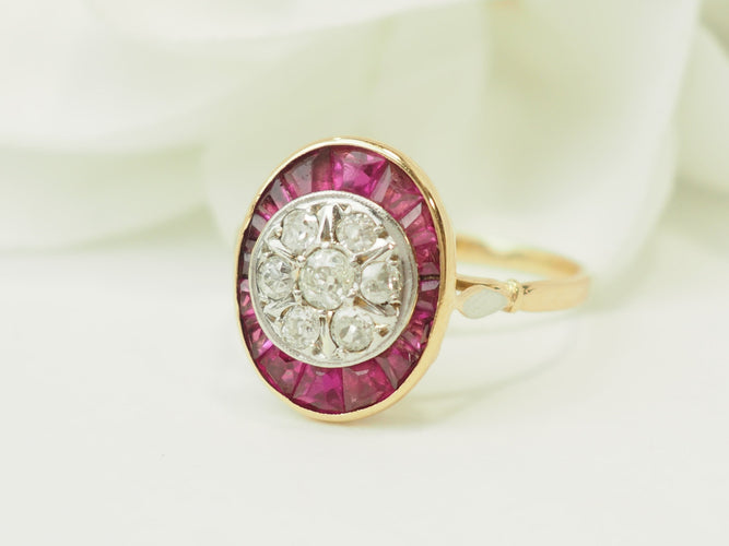 Bague 55 Art Nouveau - Bague en or jaune, platine, rubis et diamants 58 Facettes 33770