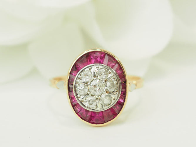Bague 55 Art Nouveau - Bague en or jaune, platine, rubis et diamants 58 Facettes 33770
