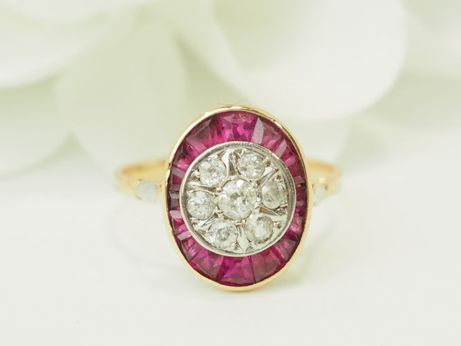 Bague 55 Art Nouveau - Bague en or jaune, platine, rubis et diamants 58 Facettes 33770
