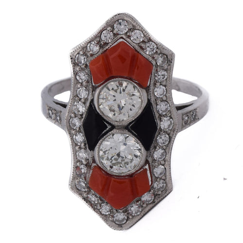 Bague 54 Art déco - Bague en platine, diamants, onyx et corail 58 Facettes AN613 P22 (05519)