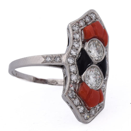 Bague 54 Art déco - Bague en platine, diamants, onyx et corail 58 Facettes AN613 P22 (05519)