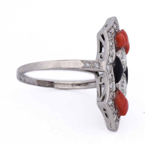 Bague 54 Art déco - Bague en platine, diamants, onyx et corail 58 Facettes AN613 P22 (05519)
