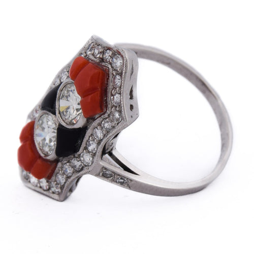 Bague 54 Art déco - Bague en platine, diamants, onyx et corail 58 Facettes AN613 P22 (05519)