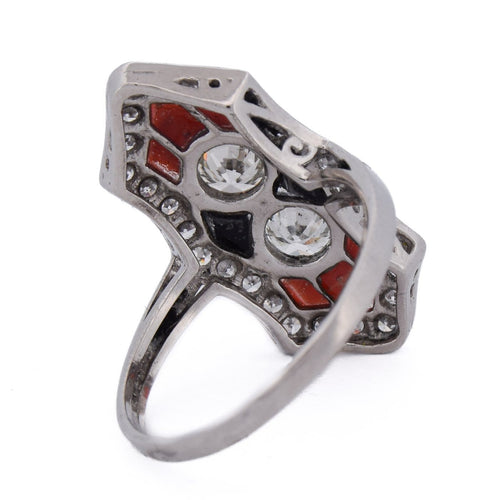 Bague 54 Art déco - Bague en platine, diamants, onyx et corail 58 Facettes AN613 P22 (05519)