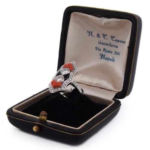 Bague 54 Art déco - Bague en platine, diamants, onyx et corail 58 Facettes AN613 P22 (05519)