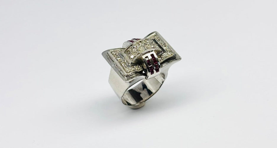 Bague 56 Art Déco - Bague en or 14 carats, diamants et rubis 58 Facettes Q384B