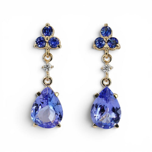Boucles d'oreilles Boucles d'oreilles en or jaune 14 ct, tanzanites, saphirs et diamants 58 Facettes E012