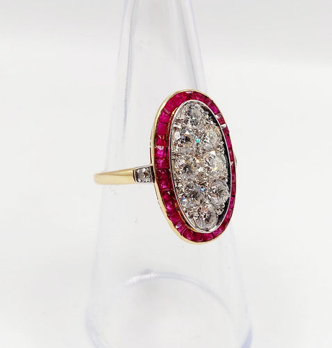 Bague 53 Bague cible Art déco en or 18k, platine, diamants et rubis 58 Facettes A07265
