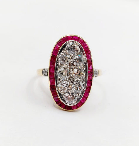 Bague 53 Bague cible Art déco en or 18k, platine, diamants et rubis 58 Facettes A07265