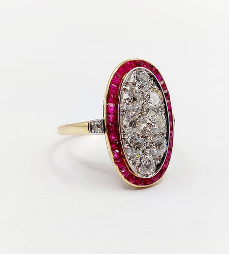 Bague 53 Bague cible Art déco en or 18k, platine, diamants et rubis 58 Facettes A07265