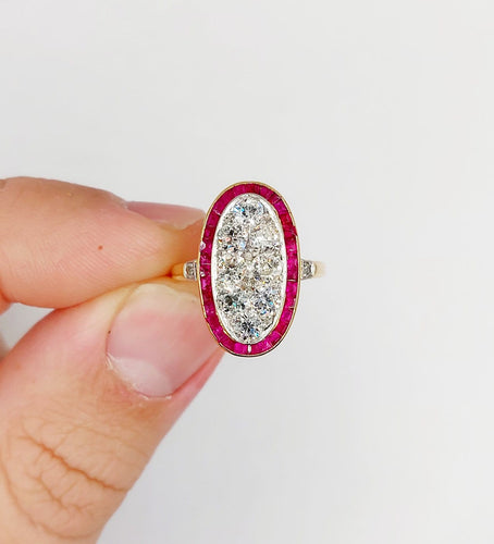 Bague 53 Bague cible Art déco en or 18k, platine, diamants et rubis 58 Facettes A07265