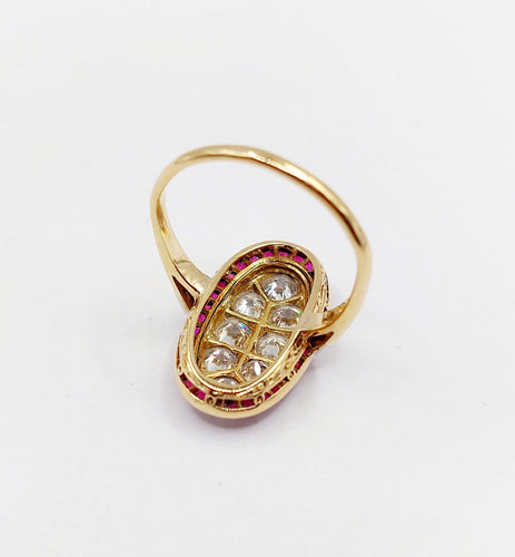 Bague 53 Bague cible Art déco en or 18k, platine, diamants et rubis 58 Facettes A07265