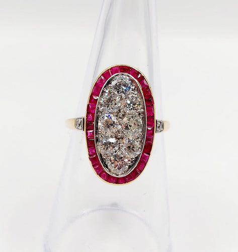 Bague 53 Bague cible Art déco en or 18k, platine, diamants et rubis 58 Facettes A07265