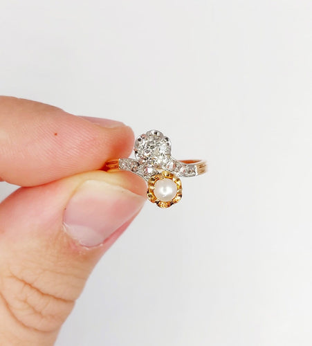 Bague 52.5 Bague toi et moi antique en or rose 18k, diamant et perle 58 Facettes A07225