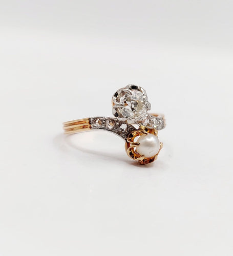 Bague 52.5 Bague toi et moi antique en or rose 18k, diamant et perle 58 Facettes A07225