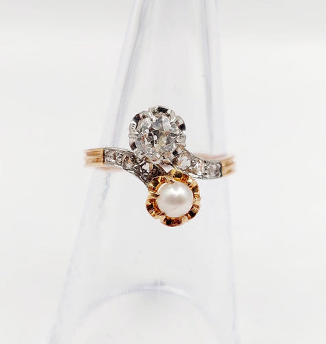 Bague 52.5 Bague toi et moi antique en or rose 18k, diamant et perle 58 Facettes A07225