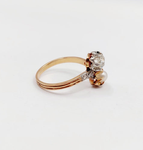 Bague 52.5 Bague toi et moi antique en or rose 18k, diamant et perle 58 Facettes A07225