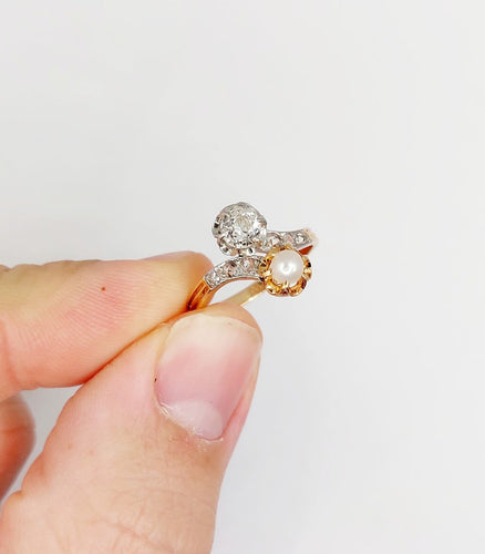 Bague 52.5 Bague toi et moi antique en or rose 18k, diamant et perle 58 Facettes A07225