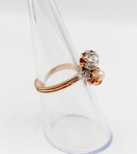 Bague 52.5 Bague toi et moi antique en or rose 18k, diamant et perle 58 Facettes A07225