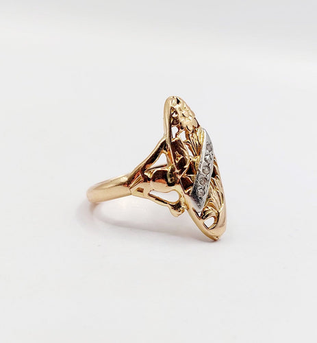 Bague 49.5 Bague marquise Art nouveau en or rose 18k, platine et diamants 58 Facettes A07253