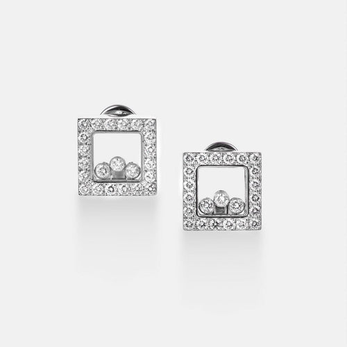 Boucles d'oreilles Chopard Happy Diamonds - Boucles d'oreilles carrées en or blanc et diamants 58 Facettes 257